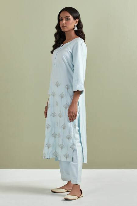 Priya Chaudhary Blue Chanderi Silk Embroidery Split V-neck Kurta And Pant Set Online at Aza Fashions Priya Chaudhary_Blue Chanderi Silk Embroidery Split V-neck Kurta And Pant Set _Online_at_Aza_Fashions