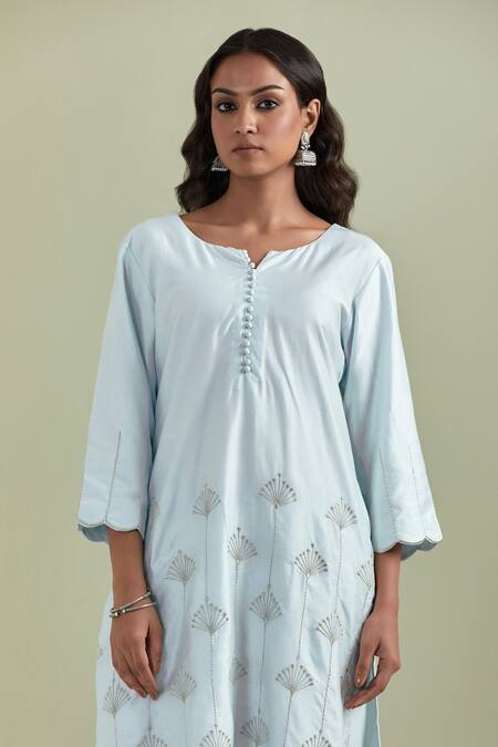 Buy Priya Chaudhary Blue Chanderi Silk Embroidery Split V-neck Kurta And Pant Set Online at Aza Fashions Buy_Priya Chaudhary_Blue Chanderi Silk Embroidery Split V-neck Kurta And Pant Set _Online_at_Aza_Fashions
