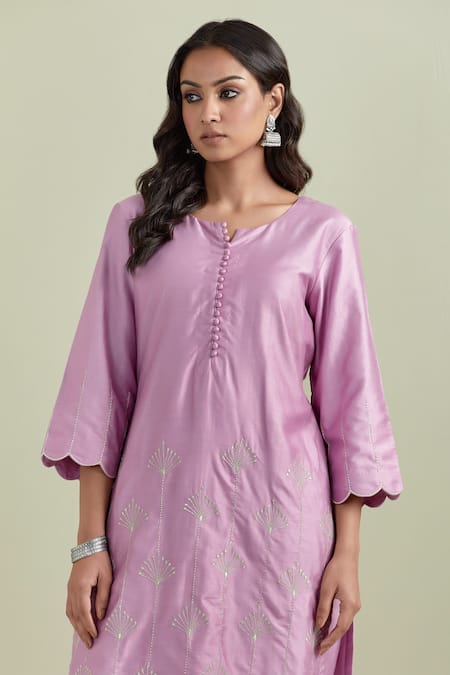 Shop Priya Chaudhary Purple Chanderi Silk, Kota Doria Pearls, Floral Pattern Kurta Pant Set Online at Aza Fashions Shop_Priya Chaudhary_Purple Chanderi Silk, Kota Doria Pearls, Floral Pattern Kurta Pant Set _Online_at_Aza_Fashions