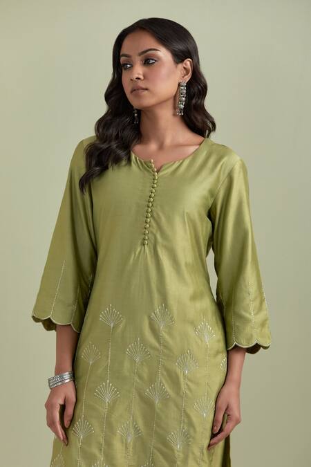 Buy Priya Chaudhary Green Chanderi Silk Embroidery Split V-neck Kurta And Pant Set Online at Aza Fashions Buy_Priya Chaudhary_Green Chanderi Silk Embroidery Split V-neck Kurta And Pant Set _Online_at_Aza_Fashions
