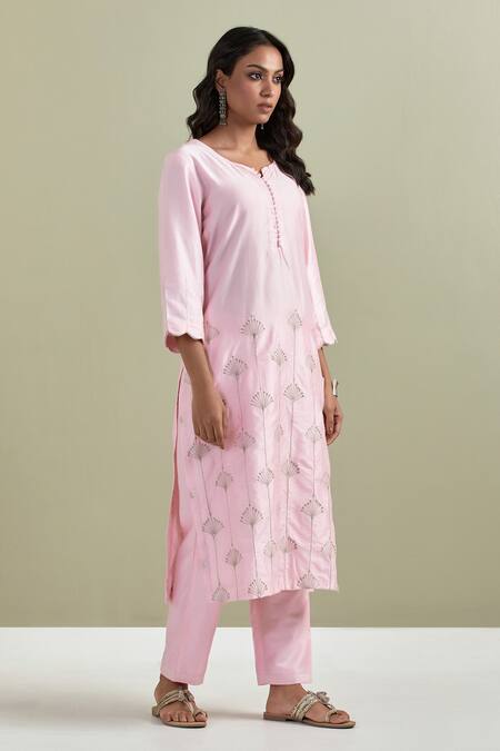 Buy Priya Chaudhary Pink Chanderi Silk, Kota Doria Pearls, Tassels Split Embroidered Kurta Pant Set Online at Aza Fashions Buy_Priya Chaudhary_Pink Chanderi Silk, Kota Doria Pearls, Tassels Split Embroidered Kurta Pant Set _Online_at_Aza_Fashions