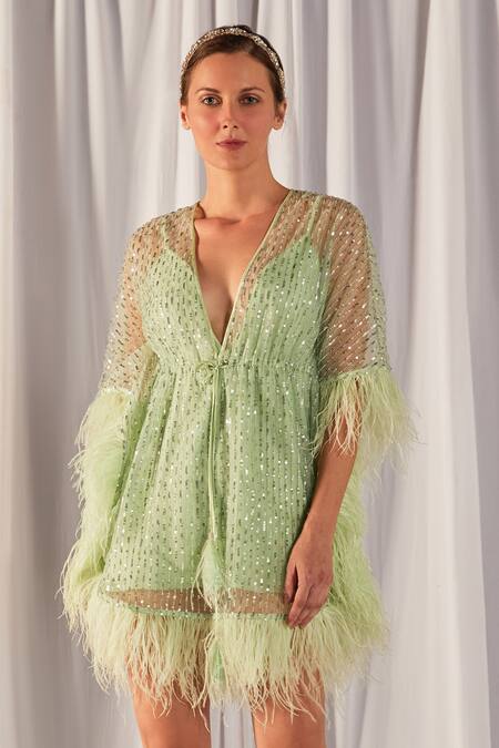 Cherie D Green Kaftan Tulle Inner Stretch Jersey Embroidery V Neck Online at Aza Fashions Cherie D_Green Kaftan Tulle Inner Stretch Jersey Embroidery V Neck _Online_at_Aza_Fashions