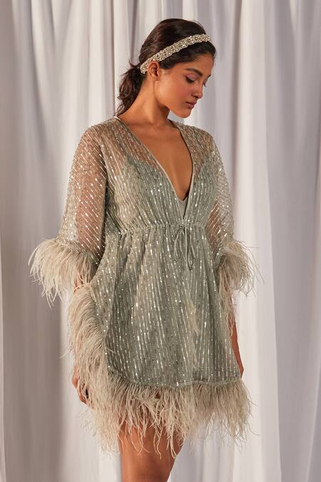 Shop Cherie D Silver Kaftan Tulle Inner Stretch Jersey Embroidery V Neck Online at Aza Fashions Shop_Cherie D_Silver Kaftan Tulle Inner Stretch Jersey Embroidery V Neck _Online_at_Aza_Fashions