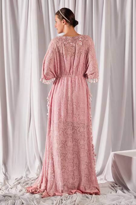 Shop Cherie D Pink Silk Embroidery V Neck Kaftan at Aza Fashions Shop_Cherie D_Pink Silk Embroidery V Neck Kaftan _at_Aza_Fashions