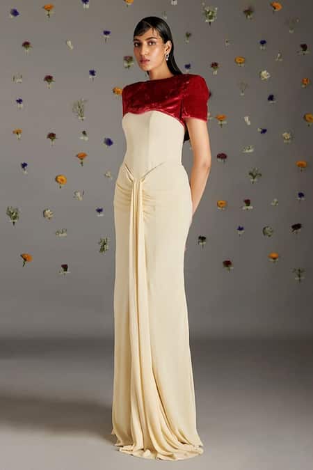 Gauri Dhawan_Beige Crepe, Velvet One Shoulder, Round Neck Gown And Short Jacket Set _Online_at_Aza_Fashions