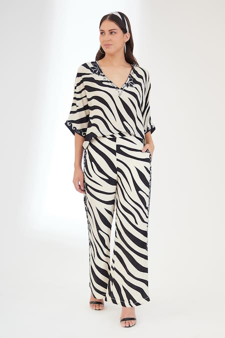 Shop_Nikasha_Black Viscose Mirrors, Embroidery V-neck Animal Print Top And Pant Set _Online_at_Aza_Fashions