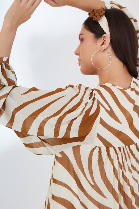 Nikasha_Brown Viscose, Georgette Keyhole Neck Animal Print Midi Dress _at_Aza_Fashions