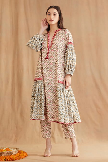 Shop_Nikasha_Red Cotton Sequins, Embroidery Mandarin Collar Mughal Print Tunic And Pant Set _Online_at_Aza_Fashions