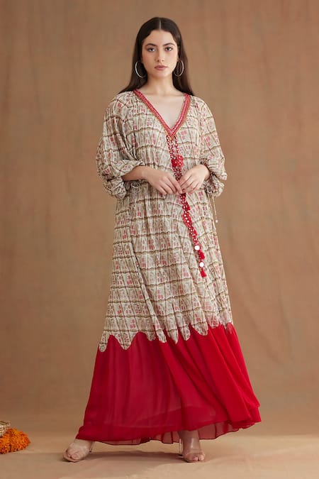 Nikasha_Red Viscose Sequins, Mirrors Plunge Neck Mughal Print Dress _at_Aza_Fashions