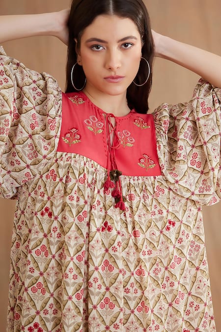 Nikasha_Red Viscose Embroidery Keyhole Neck Mughal And Floral Print Dress _at_Aza_Fashions