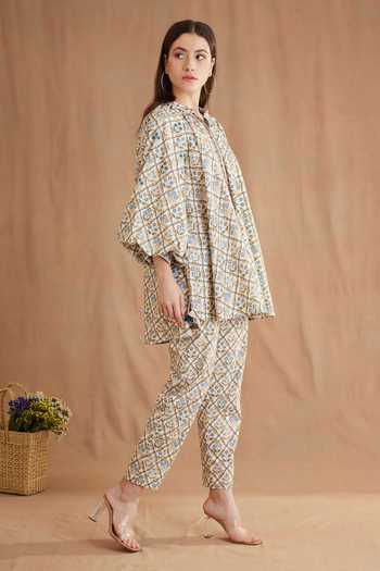 Shop_Nikasha_Blue Cotton Embroidery, Sequins Mandarin Collar Mughal Print Shirt And Pant Set _Online_at_Aza_Fashions