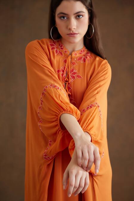 Nikasha_Orange Georgette Embroidery Keyhole Neck Applique Kaftan Dress _at_Aza_Fashions