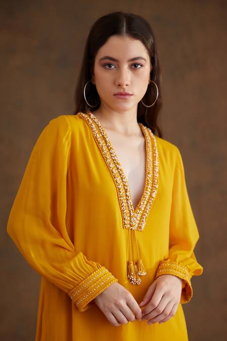 Nikasha_Yellow Viscose Beads, Mirrors Plunge Neck Neckline Embroidered Dress _at_Aza_Fashions
