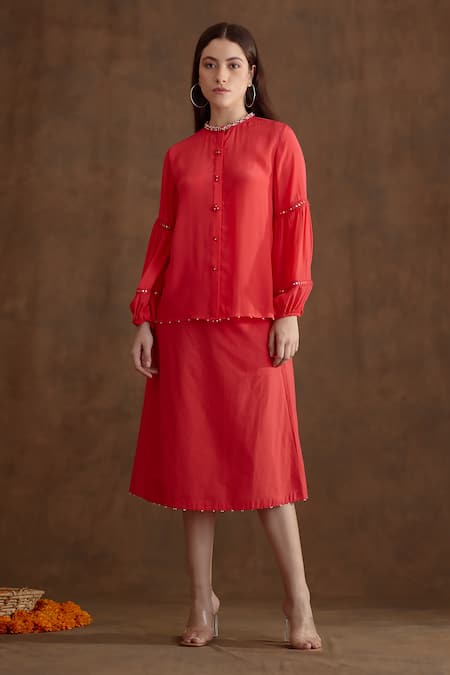 Shop_Nikasha_Coral Viscose, Cotton Beads Neckline Embroidered Shirt And A-line Skirt Set _Online_at_Aza_Fashions