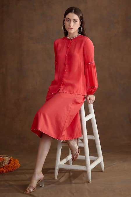 Nikasha_Coral Viscose, Cotton Beads Neckline Embroidered Shirt And A-line Skirt Set _at_Aza_Fashions