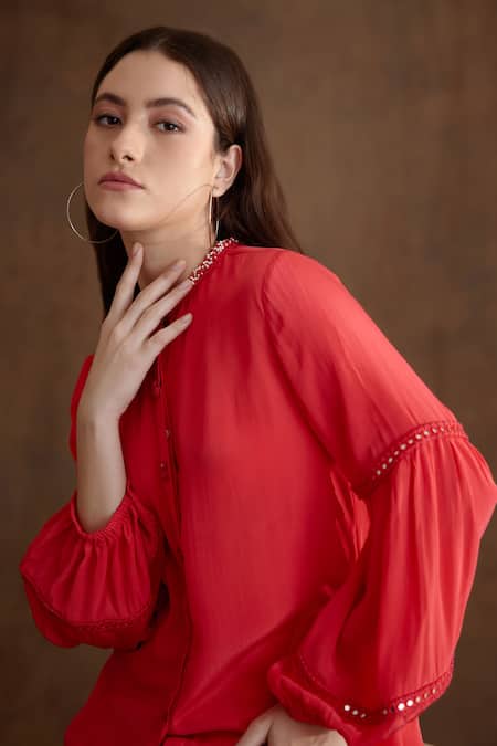 Nikasha_Coral Viscose Beads, Mirrors Round Neck Embroidered Collar Shirt _Online_at_Aza_Fashions