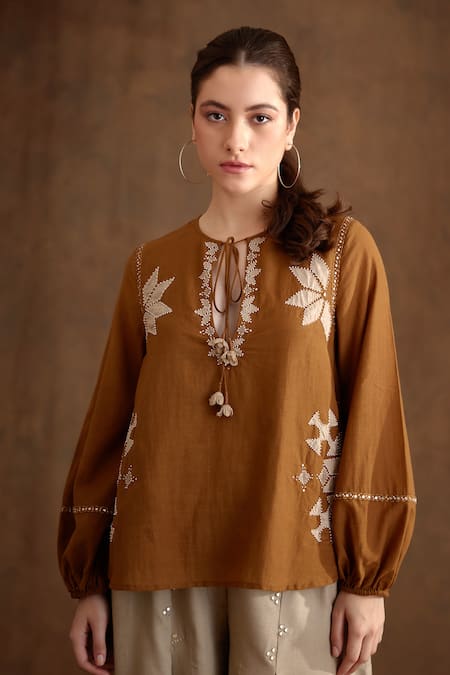 Buy_Nikasha_Brown Cotton, Silk Beads, Tassels Keyhole Neck Applique Embroidered Top _Online_at_Aza_Fashions