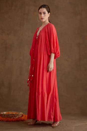 Shop_Nikasha_Coral Viscose, Georgette Sequins, Beads Split Mirror Neckline Embroidered Dress _Online_at_Aza_Fashions