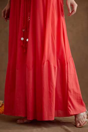 Nikasha_Coral Viscose, Georgette Sequins, Beads Split Mirror Neckline Embroidered Dress _at_Aza_Fashions