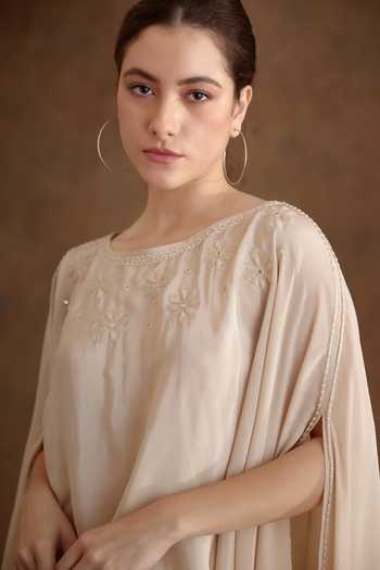 Nikasha_Cream Viscose Embroidery Neckline Cape And Wide Leg Pant Set _at_Aza_Fashions