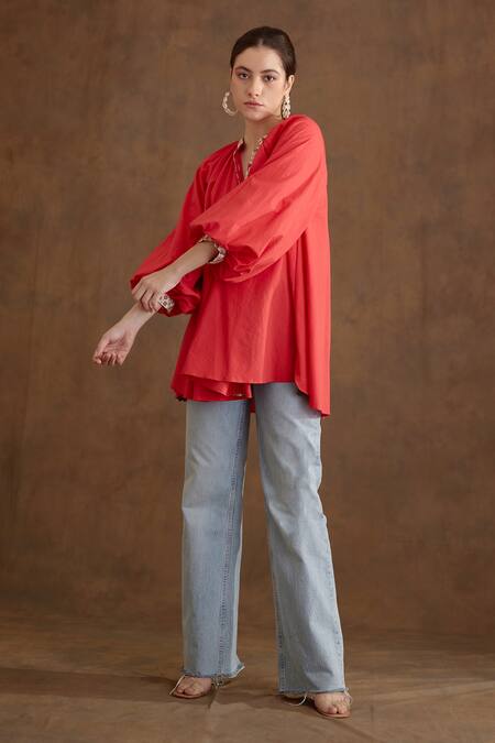 Nikasha_Coral Cotton Mirrors, Tassels Round Neck Balloon Sleeve Shirt Dress _Online_at_Aza_Fashions