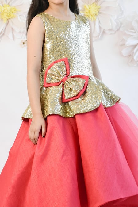 Shop_Fayon Kids_Coral Net, Silk Sequins Embroidered High-low Gown _Online_at_Aza_Fashions