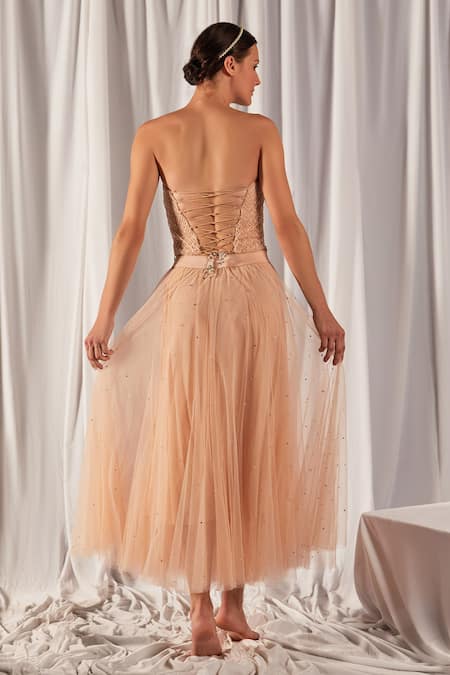 Shop Cherie D Peach Tulle Embroidery Bandeau Corset And Skirt Set at Aza Fashions Shop_Cherie D_Peach Tulle Embroidery Bandeau Corset And Skirt Set _at_Aza_Fashions