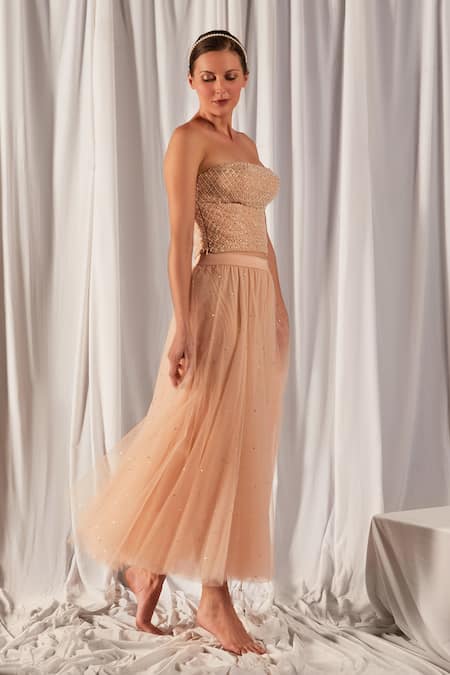 Cherie D - Peach Tulle Embroidery Bandeau Corset And Skirt Set For Women