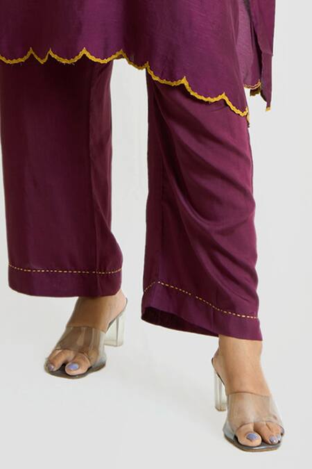 Shop_Brij_Wine Silk Applique Round Neck Box Fit Tunic And Pant Set _Online_at_Aza_Fashions
