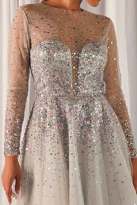 Cherie D Grey Tulle Embroidery Round Embellished Dress at Aza Fashions Cherie D_Grey Tulle Embroidery Round Embellished Dress _at_Aza_Fashions