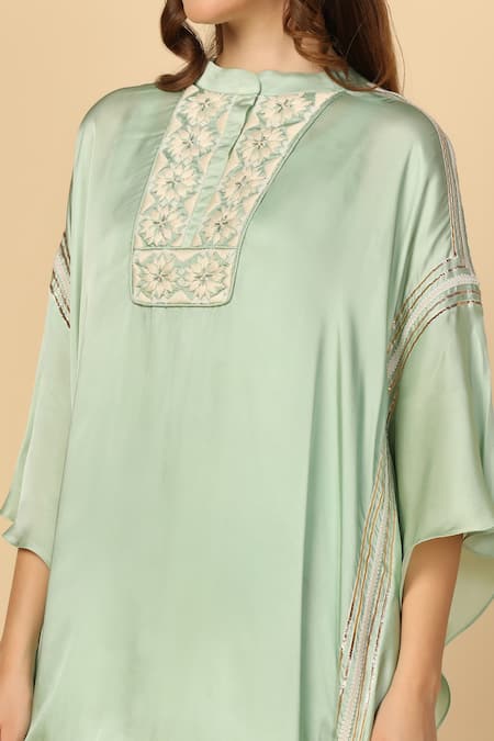 Buy_Two Sisters By Gyans_Green Satin Embroidery, Beads, Gota Patti Bandeau Yoke Kaftan And Tulip Pant Set 