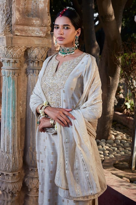 Kritika Dawar Ivory Chanderi Embroidery, Crystals, Gota Patti, Banarasi Kurta Palazzo Set Online at Aza Fashions Kritika Dawar_Ivory Chanderi Embroidery, Crystals, Gota Patti, Banarasi Kurta Palazzo Set _Online_at_Aza_Fashions