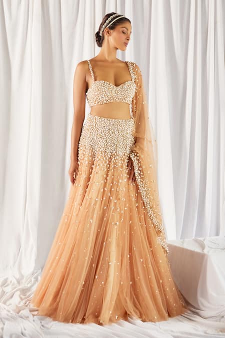 Cherie D Peach Silk, Net, Tulle Sweetheart Neck Embroidered Bridal Lehenga Set Online at Aza Fashions Cherie D_Peach Silk, Net, Tulle Sweetheart Neck Embroidered Bridal Lehenga Set _Online_at_Aza_Fashions