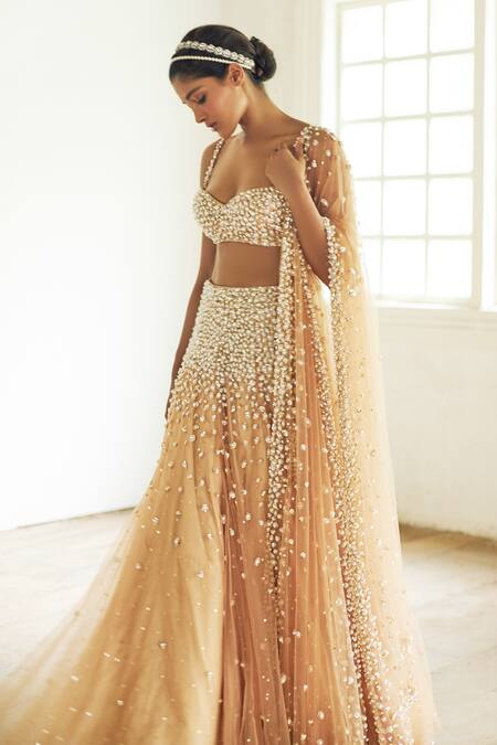 Shop Cherie D Peach Silk, Net, Tulle Sweetheart Neck Embroidered Bridal Lehenga Set Online at Aza Fashions Shop_Cherie D_Peach Silk, Net, Tulle Sweetheart Neck Embroidered Bridal Lehenga Set _Online_at_Aza_Fashions
