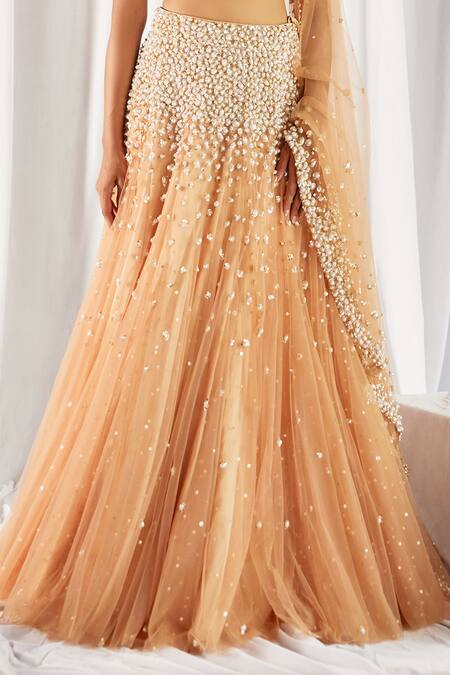 Cherie D Peach Silk, Net, Tulle Sweetheart Neck Embroidered Bridal Lehenga Set at Aza Fashions Cherie D_Peach Silk, Net, Tulle Sweetheart Neck Embroidered Bridal Lehenga Set _at_Aza_Fashions