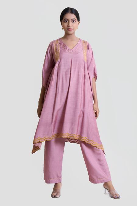 Brij Pink Spandex Applique, Pearls V-neck Kantha Embroidered Kaftan And Pant Set Online at Aza Fashions Brij_Pink Spandex Applique, Pearls V-neck Kantha Embroidered Kaftan And Pant Set _Online_at_Aza_Fashions