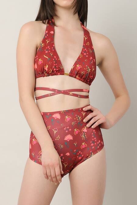 Limerick By Abirr N' Nanki_Multi Color Polyester, Spandex Plunge Neck Rylie Floral Print Bikini Set _at_Aza_Fashions