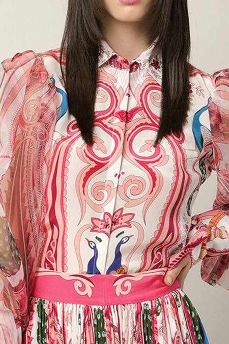 Limerick By Abirr N' Nanki_Multi Color Crepe, Organza Embroidery Collared Tavi Printed Shirt _at_Aza_Fashions