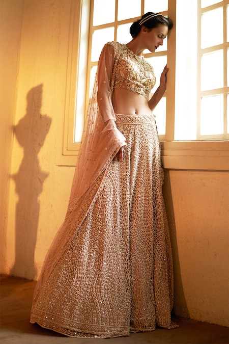 Cherie D Beige Silk Embroidery Round Bridal Lehenga Set 