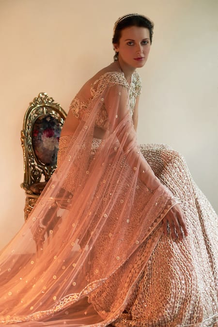 Buy Cherie D Beige Silk, Net, Tulle Round Embroidered Bridal Lehenga Set Online at Aza Fashions Buy_Cherie D_Beige Silk, Net, Tulle Round Embroidered Bridal Lehenga Set _Online_at_Aza_Fashions