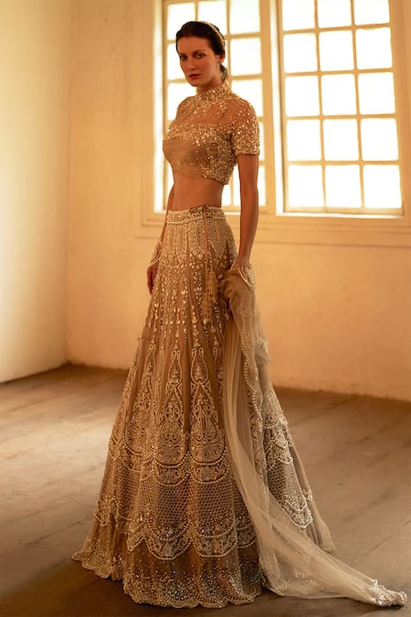 Cherie D Beige Silk Embroidery Round Bridal Lehenga Set 