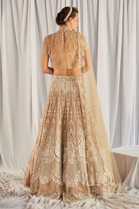 Shop Cherie D Beige Silk, Net, Tulle Round Embroidered Bridal Lehenga Set at Aza Fashions Shop_Cherie D_Beige Silk, Net, Tulle Round Embroidered Bridal Lehenga Set _at_Aza_Fashions