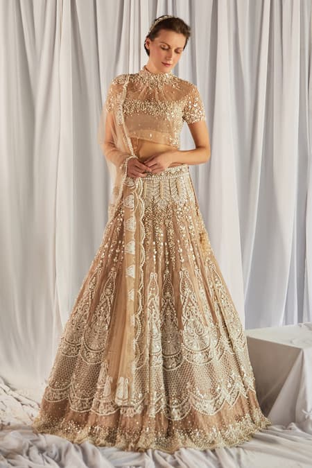 Cherie D Beige Silk, Net, Tulle Round Embroidered Bridal Lehenga Set Online at Aza Fashions Cherie D_Beige Silk, Net, Tulle Round Embroidered Bridal Lehenga Set _Online_at_Aza_Fashions