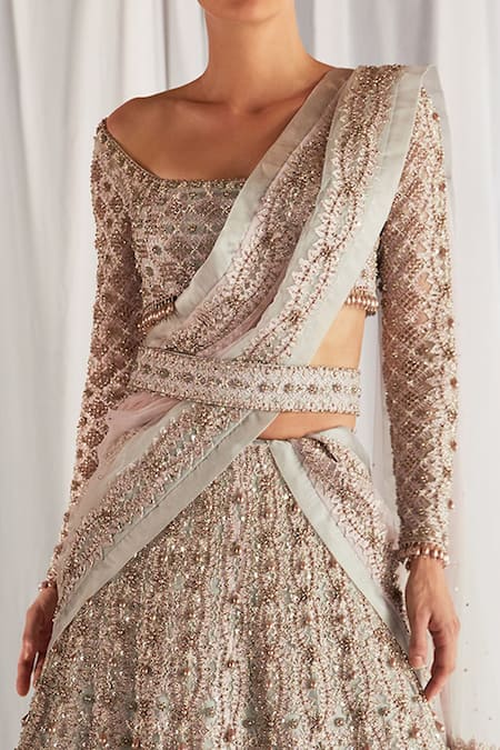 Shop Cherie D Silver Silk, Net Scoop Neck Embroidered Bridal Lehenga Set Online at Aza Fashions Shop_Cherie D_Silver Silk, Net Scoop Neck Embroidered Bridal Lehenga Set _Online_at_Aza_Fashions