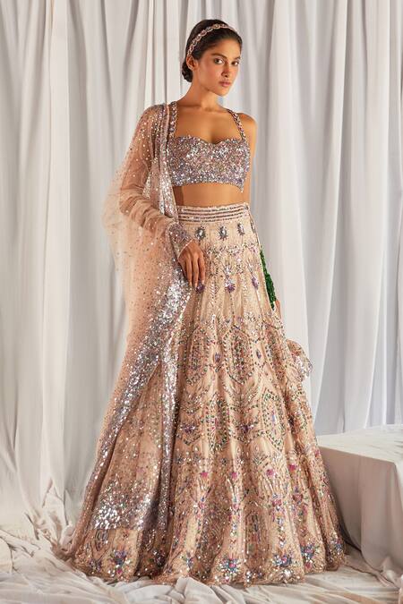 Cherie D Peach Silk, Net Sweetheart Neck Embroidered Lehenga Set Online at Aza Fashions Cherie D_Peach Silk, Net Sweetheart Neck Embroidered Lehenga Set _Online_at_Aza_Fashions