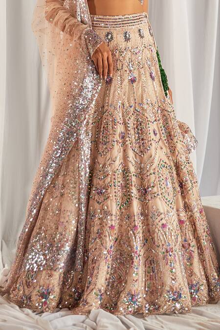 Cherie D Peach Silk, Net Sweetheart Neck Embroidered Lehenga Set at Aza Fashions Cherie D_Peach Silk, Net Sweetheart Neck Embroidered Lehenga Set _at_Aza_Fashions