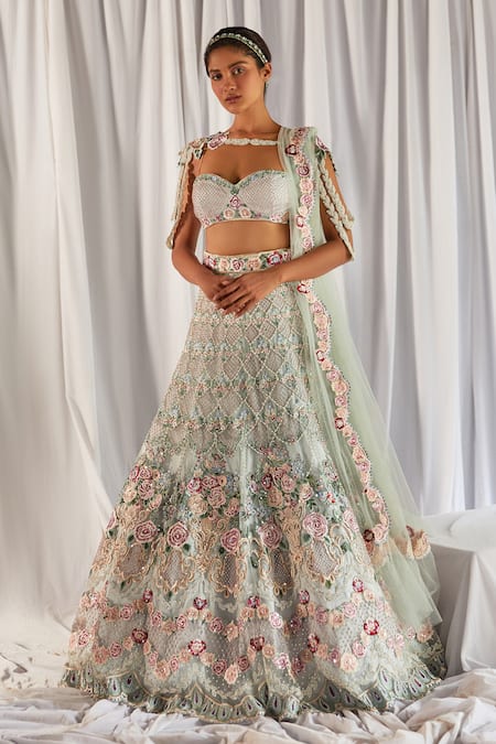 Cherie D Green Silk Embroidery Sweetheart Neck Cape And Lehenga Set 