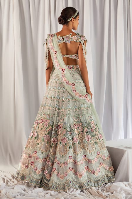 Shop Cherie D Green Silk, Net Sweetheart Neck Embroidered Cape And Lehenga Set at Aza Fashions Shop_Cherie D_Green Silk, Net Sweetheart Neck Embroidered Cape And Lehenga Set _at_Aza_Fashions