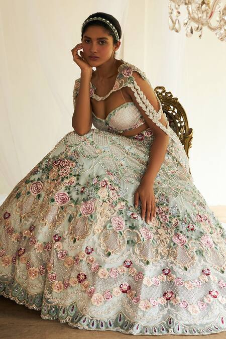 Cherie D Green Silk, Net Sweetheart Neck Embroidered Cape And Lehenga Set Online at Aza Fashions Cherie D_Green Silk, Net Sweetheart Neck Embroidered Cape And Lehenga Set _Online_at_Aza_Fashions