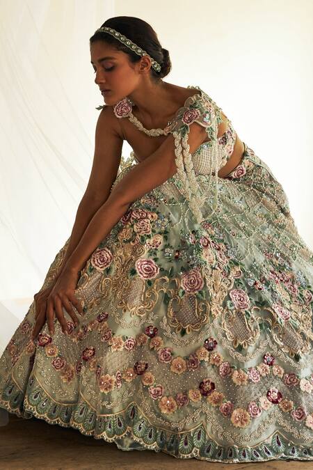 Buy Cherie D Green Silk, Net Sweetheart Neck Embroidered Cape And Lehenga Set Online at Aza Fashions Buy_Cherie D_Green Silk, Net Sweetheart Neck Embroidered Cape And Lehenga Set _Online_at_Aza_Fashions